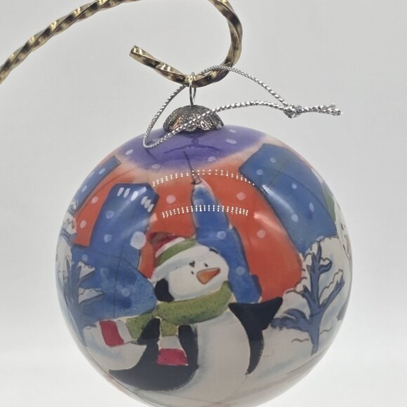 Pier 1 Li Bien Christmas Ornament Glass Ball Holiday 2014 Ice Skating Penguins - Picture 2 of 10